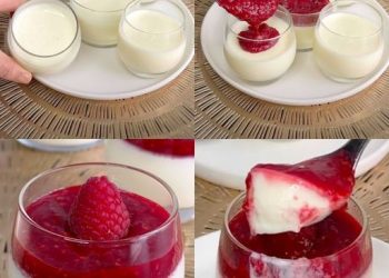 Diese schnelle Panna Cotta ist schnell zubereitet, mit Vanille aromatisiert und mit Himbeeren garniert