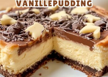 Käsekuchen mit Kinderriegel & Vanillepudding