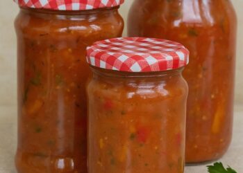 Hausgemachter Lecho mit Zucchini in Gläsern für den Winter