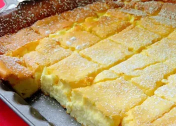 Gelingsicher 10 Minuten Quarkkuchen vom Blech mit Vanillepudding