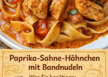 Paprika-Sahne-Hähnchen mit Bandnudeln ist cremiger Genuss pur, aromatisch und absolutes Familienlieblingsessen