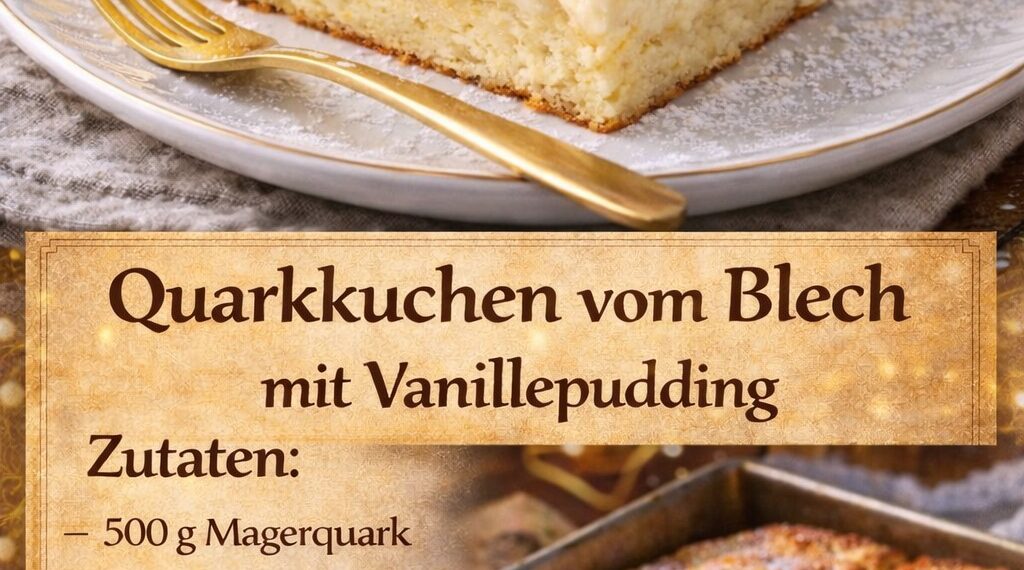 Freunde wenn Sie meine Beiträge in Ihrem Feed sehen, hinterlassen Sie bitte einen Kommentar! (für ein Blech) 500 g Magerquark 200 g Zucker 1 Päckchen Vanillezucker 100 g weiche Butter 3 Eier 1 Päckchen Vanillepuddingpulver (zum Kochen) 1 TL Backpulver 250 g Mehl 1 Prise Salz Optional: Zitronenabrieb, Rosinen oder Obststücke (z. B. Aprikosen, Kirschen) Zubereitung Auf 180 °C Ober-/Unterhitze (160 °C Umluft) vorheizen. Ein Backblech mit Backpapier auslegen. Butter, Zucker, Vanillezucker und Eier cremig rühren. Quark unterheben. Dann Puddingpulver, Mehl, Backpulver und Salz dazugeben und alles zu einem glatten Teig verrühren. Zitronenabrieb oder Rosinen unterheben. Wer mag, kann auch Obststücke auf dem Teig verteilen. Teig gleichmäßig auf das Blech streichen und ca. 30–35 Minuten backen, bis der Kuchen goldgelb ist.