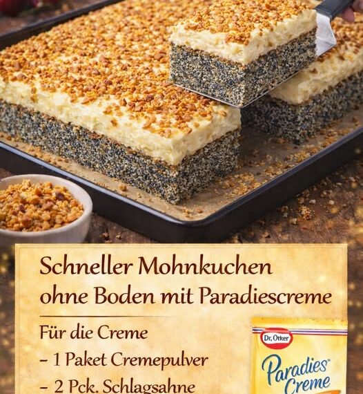 Schneller Mohnkuchen ohne Boden mit Paradiescreme