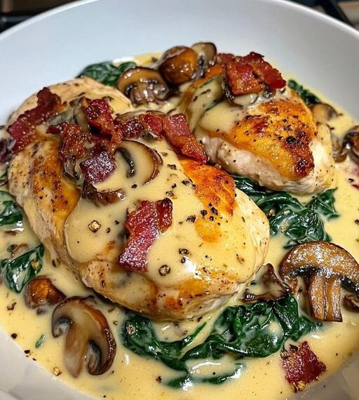 Spinat-Hähnchen in cremiger Champignon-Knoblauchsauce