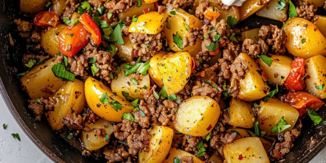 Kartoffel-Paprika-Pfanne mit Hackfleisch & Crème fraîche