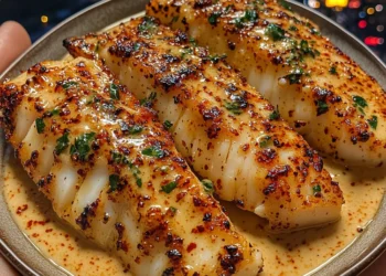Knoblauchbutter-Kabeljaustreifen mit süß-scharfer Chili-Limetten-Sauce