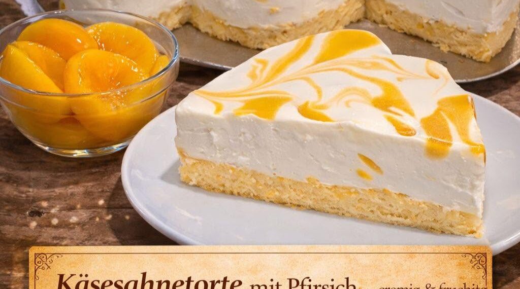 Diese Käsesahnetorte mit Pfirsichen ist ein Traum – cremig, fruchtig & unglaublich leicht