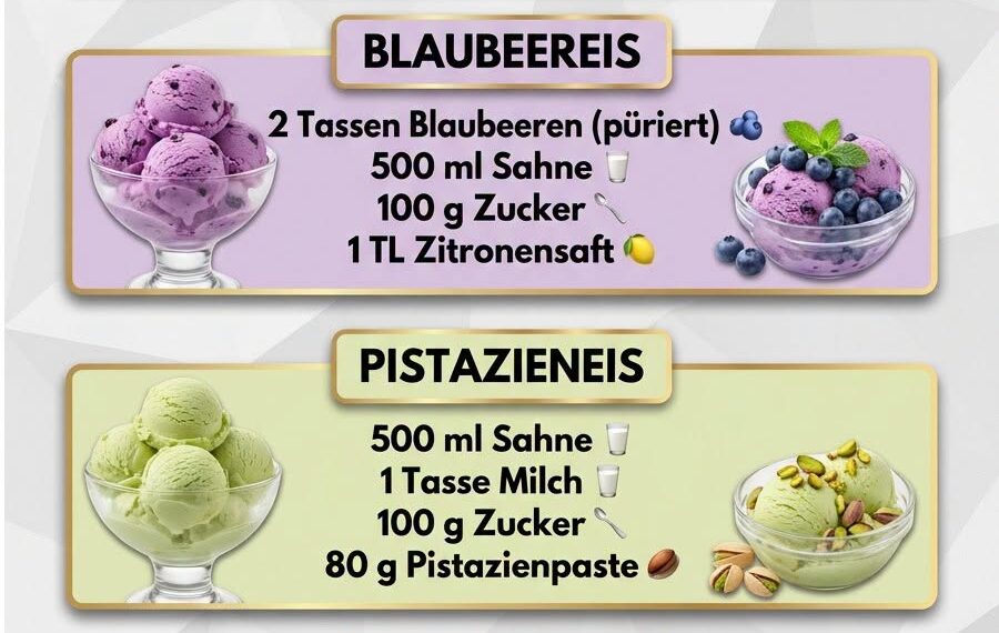 KARAMELLEIS, BLAUBEEREIS, PISTAZIENEIS & PFIRSICHEIS