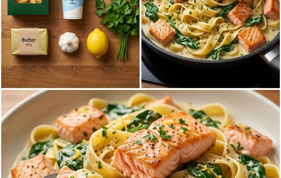 Cremige Tagliatelle mit Lachs und Babyspinat