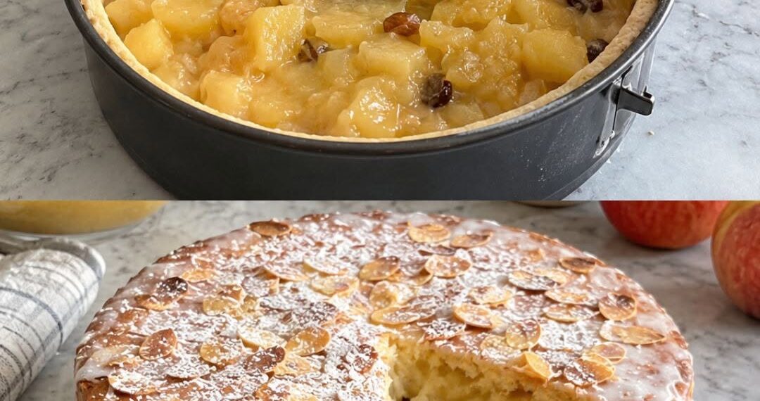 Gedeckter Apfelkuchen mit Pudding