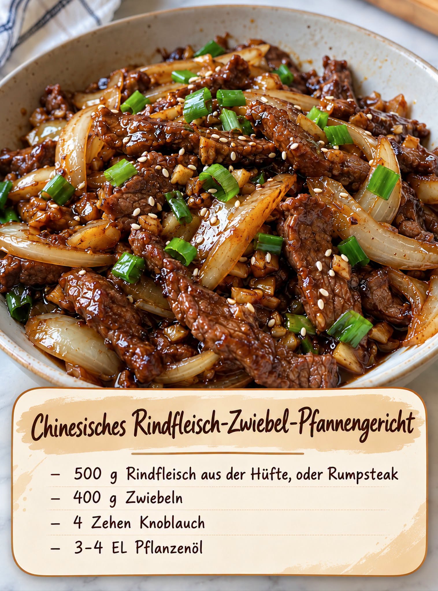 Chinesisches Rindfleisch mit Zwiebeln in würziger Soße
