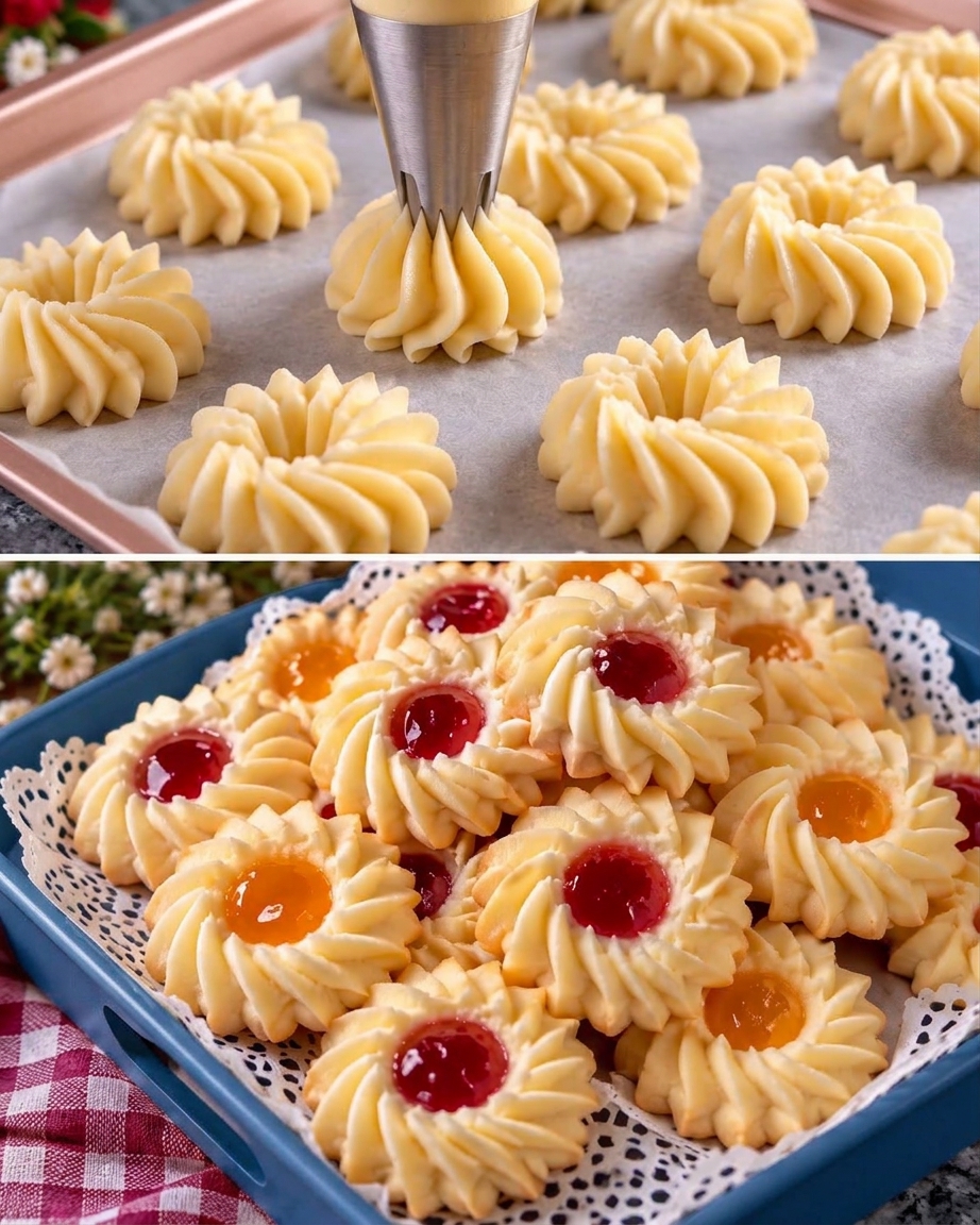 Zarte Butter-Spritzplätzchen mit fruchtiger Marmeladenfüllung