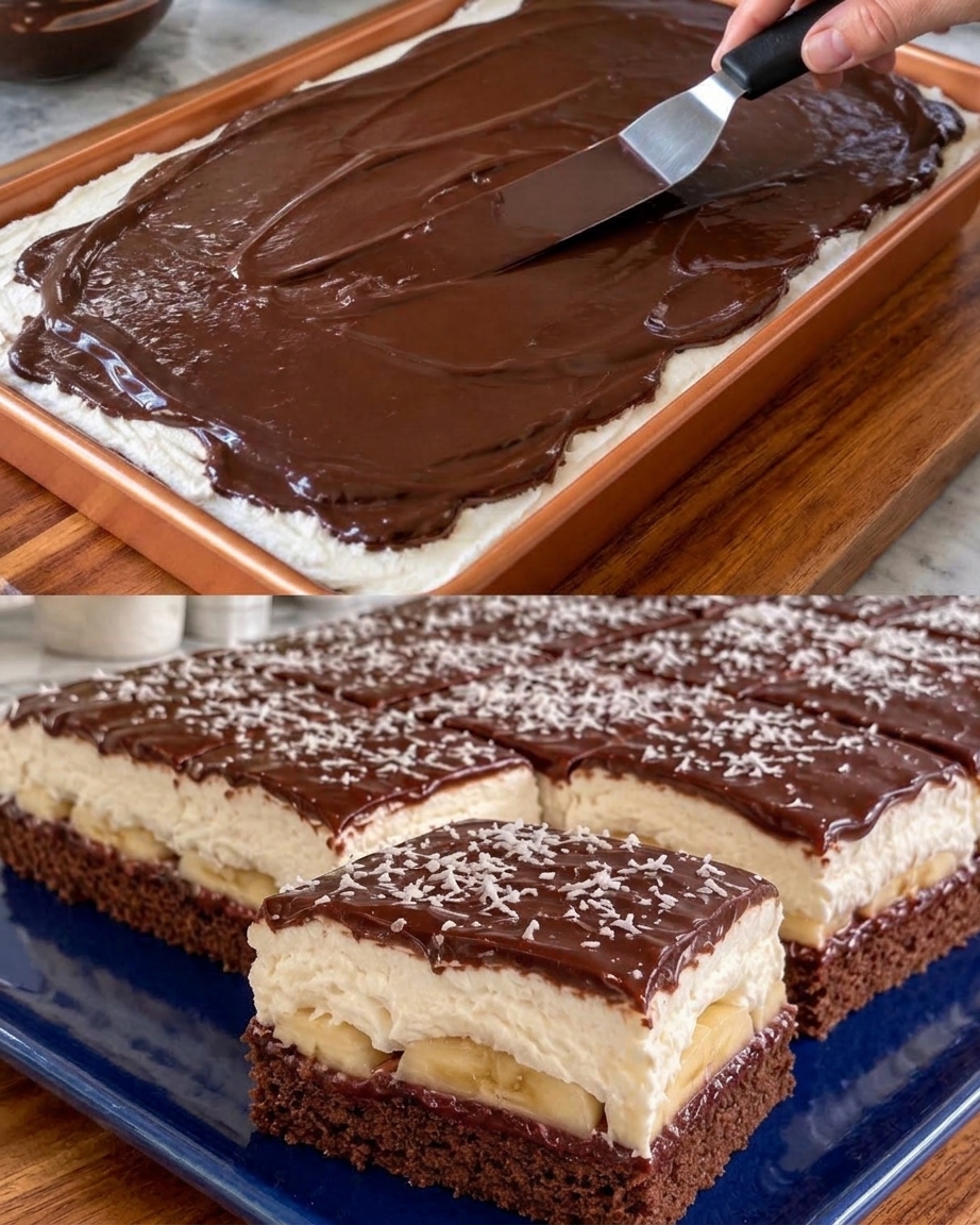Saftige Bananenschnitte mit lockerer Sahnecreme und Schokolade