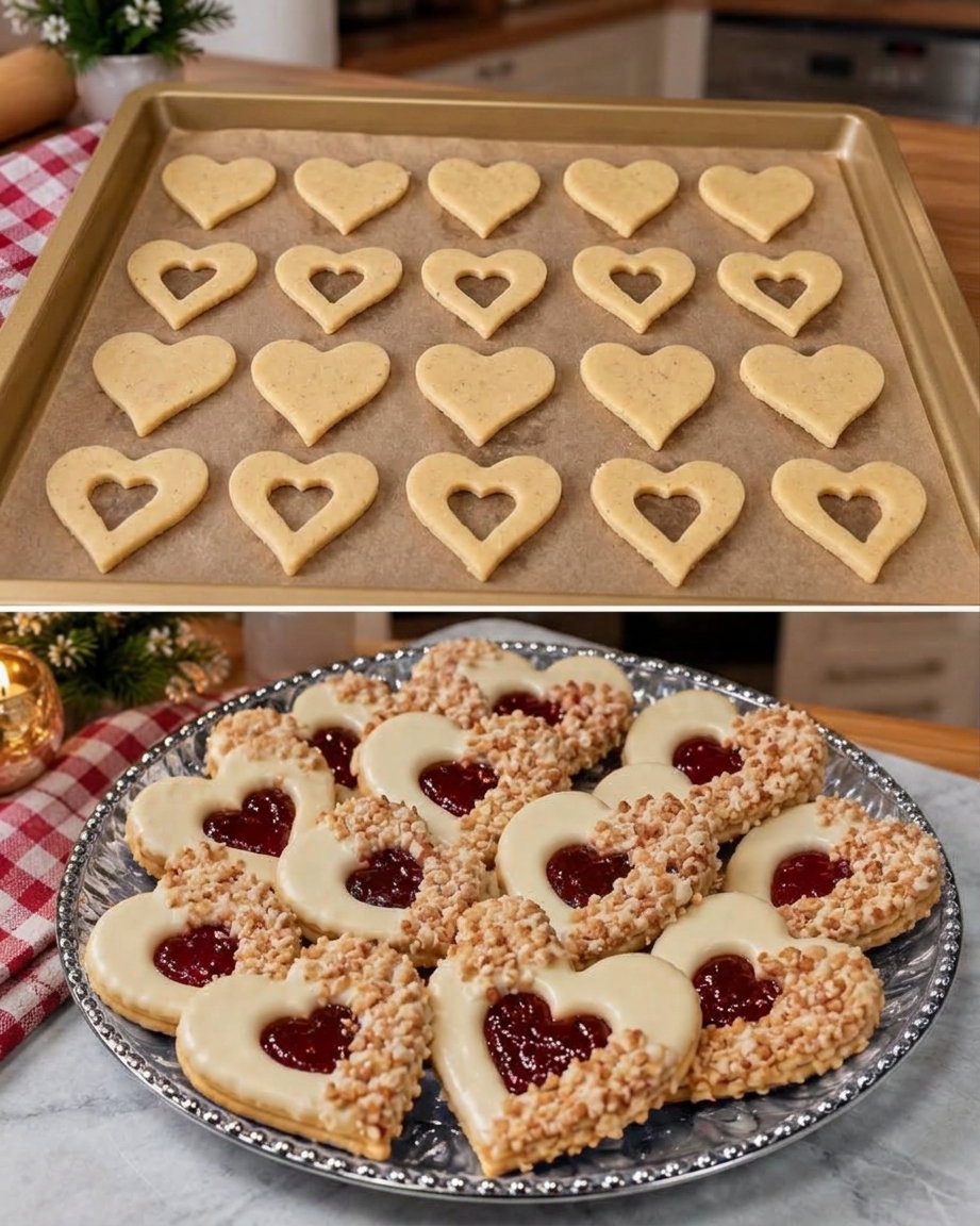 Spitzbuben mit weißer Schokolade, Haselnusskrokant und Hagebuttenmarmelade